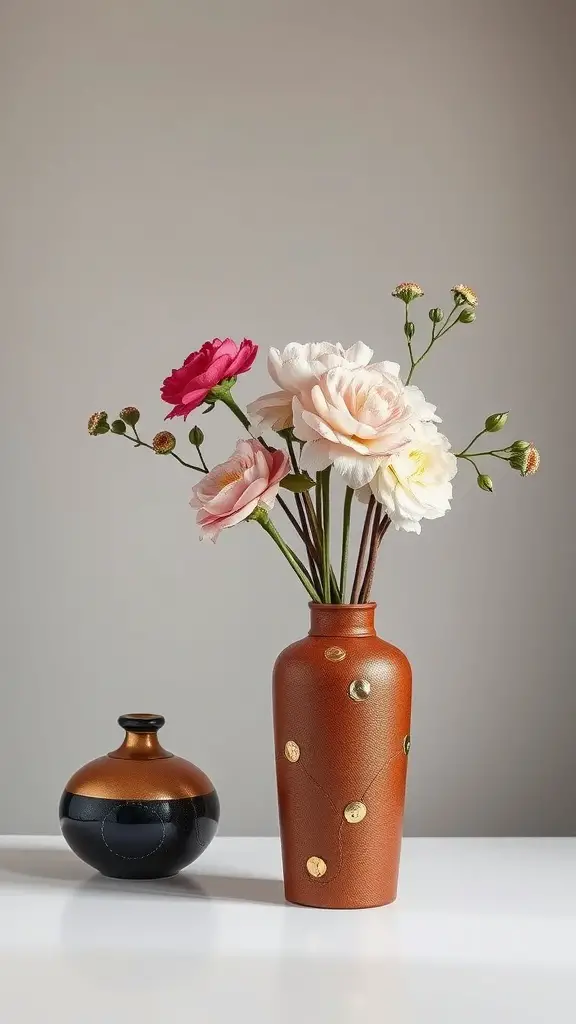 Two vases: one tall and slender wrapped in brown faux leather with flowers, and one small round vase in black and bronze.