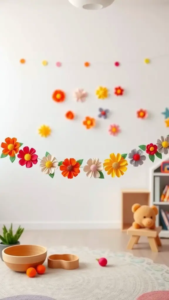 A colorful felt flower garland displayed in a bright room, surrounded by playful decor.