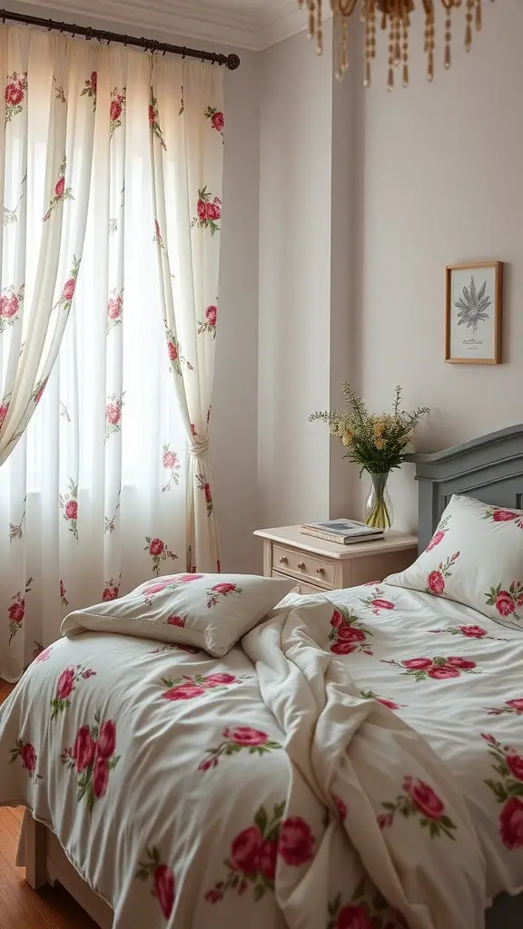 13 Summer Bedroom Aesthetic Ideas to Refresh Your Space 13 A cozy bedroom featuring floral bedding and curtains, with a touch of greenery on the nightstand.