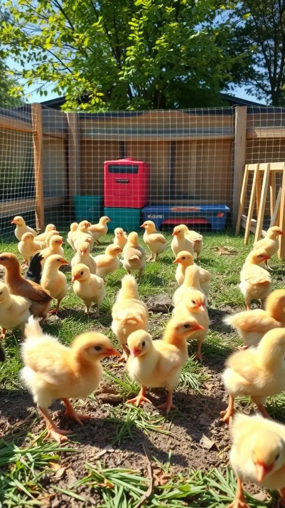 A fenced outdoor brooder area with several chicks pecking around on the grass.