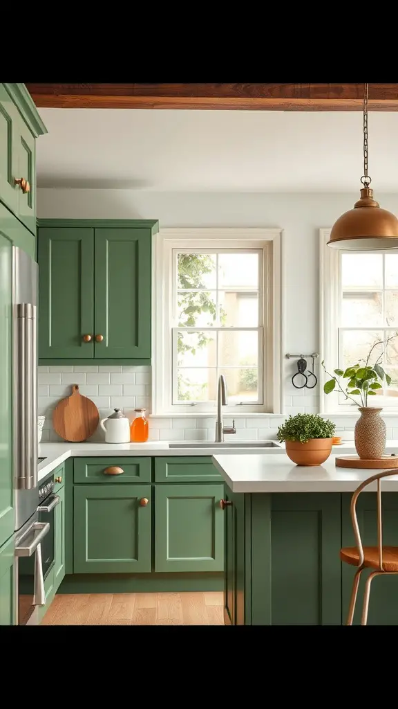 A kitchen featuring fern green cabinets, cream countertops, and natural wood accents.