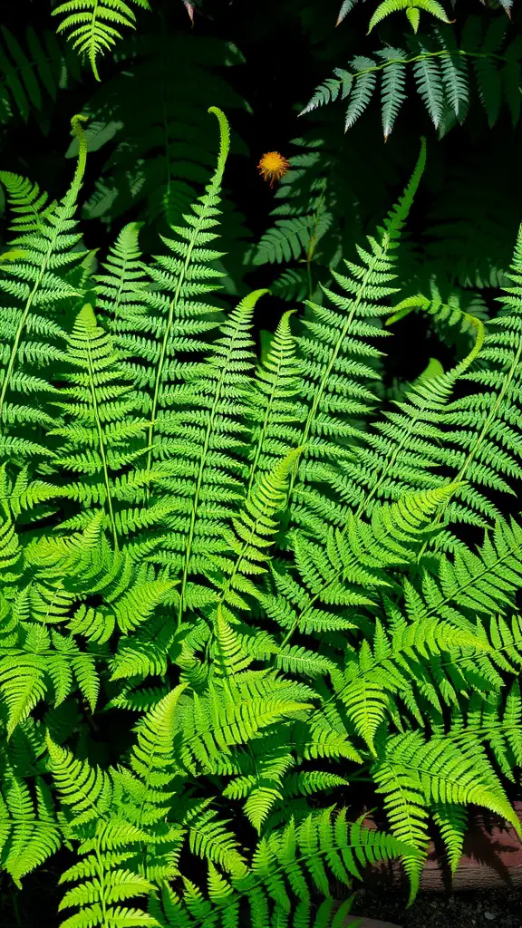 A vibrant display of green ferns in a shaded area, showcasing their delicate fronds
