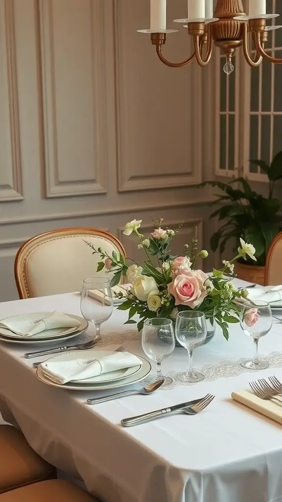 Elegant table setting with a flower arrangement for Mother's Day celebration