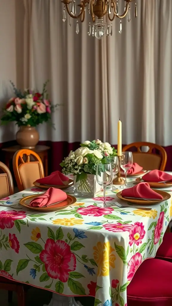 A dining table set for Mother's Day dinner with a colorful floral tablecloth, pink napkins, and elegant tableware.