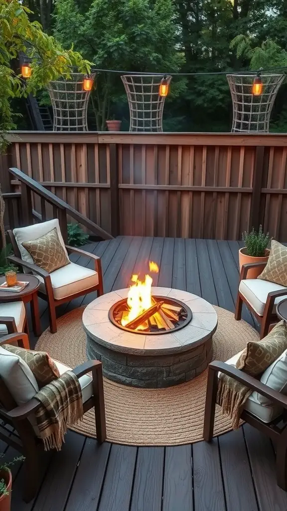 21 Inspiring Small Deck Ideas to Maximize Your Outdoor Space 7 Cozy small deck featuring a circular fire pit surrounded by chairs and string lights.