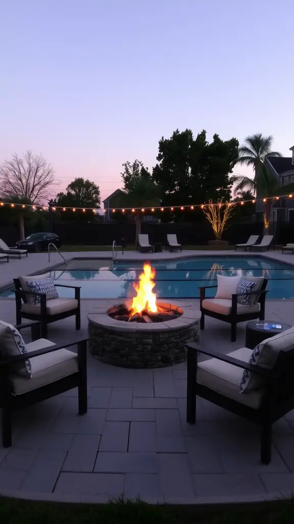 Fire pit lounge area by a backyard pool at dusk with glowing lights and seating.