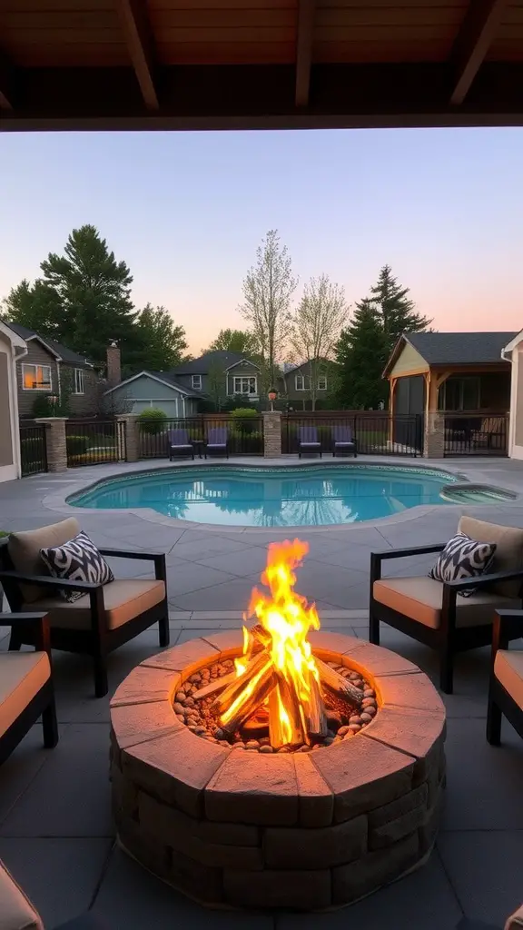 A cozy fire pit lounge area next to a pool, featuring comfortable chairs and a warm fire.