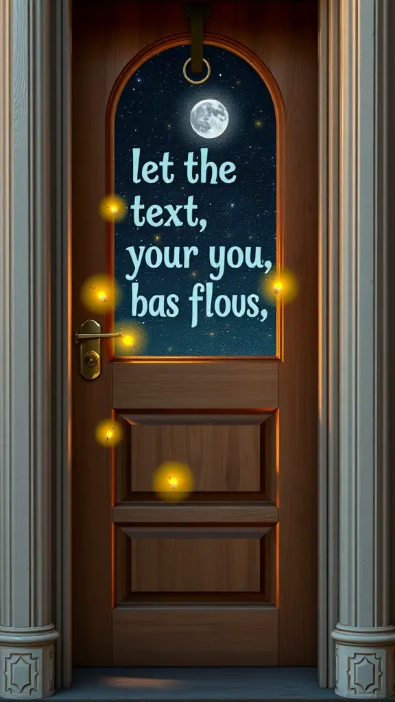 21 Creative Summer Door Hanger Ideas You’ll Love 15 A wooden door with a starry night background and fireflies, featuring whimsical text.