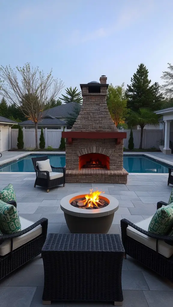 Cozy fireplace with seating area on a pool deck