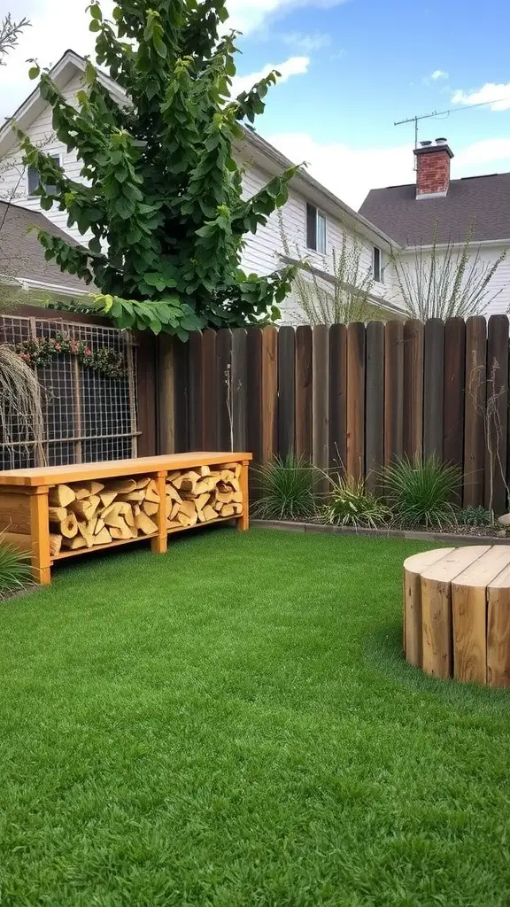 21 Creative Grass Patio Ideas for Your Outdoor Space 12 Wooden firewood storage in an outdoor patio setting with green grass