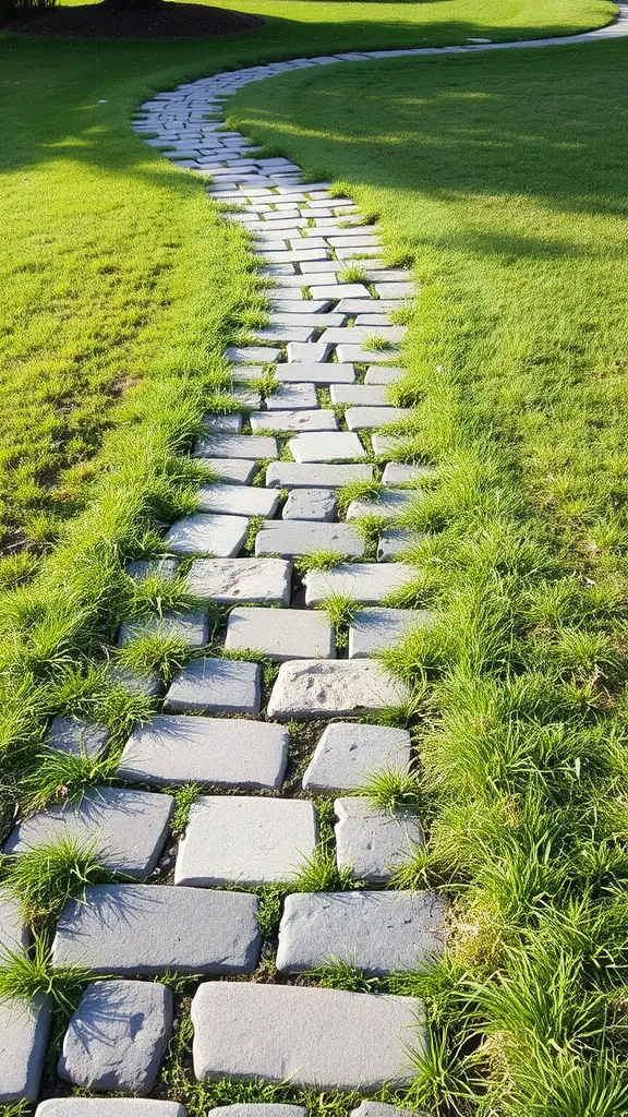 A winding flagstone walkway surrounded by grass