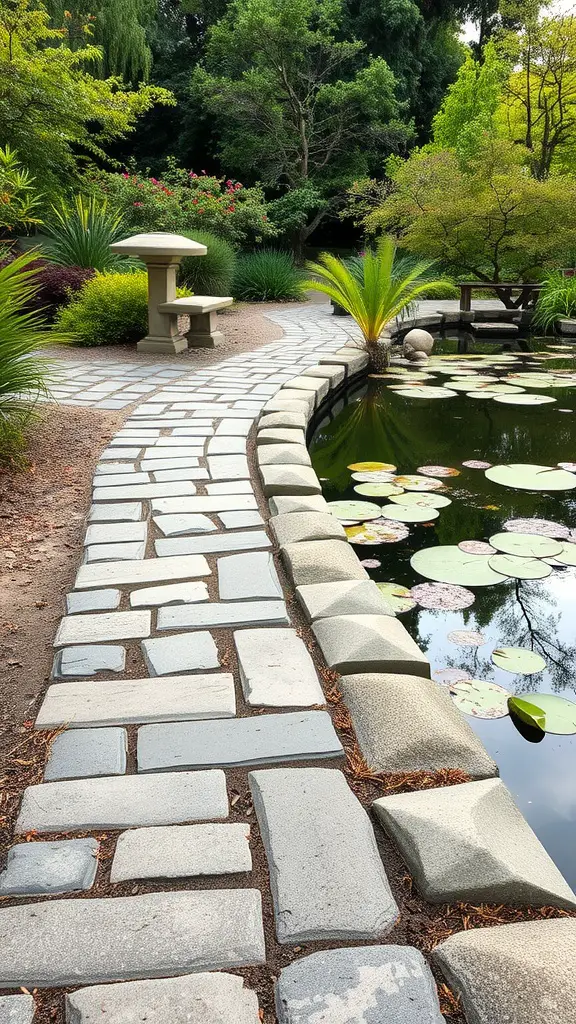 Flagstone pathway curving beside a serene garden pond surrounded by lush greenery and water lilies