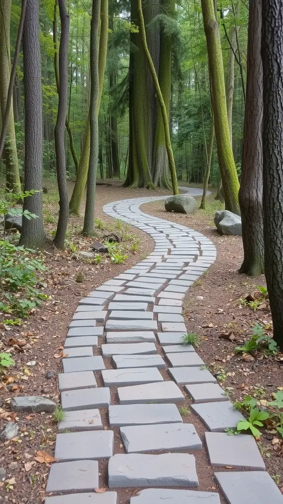 Curved flagstone pathway winding through a lush woodland, surrounded by tall trees and natural stones.