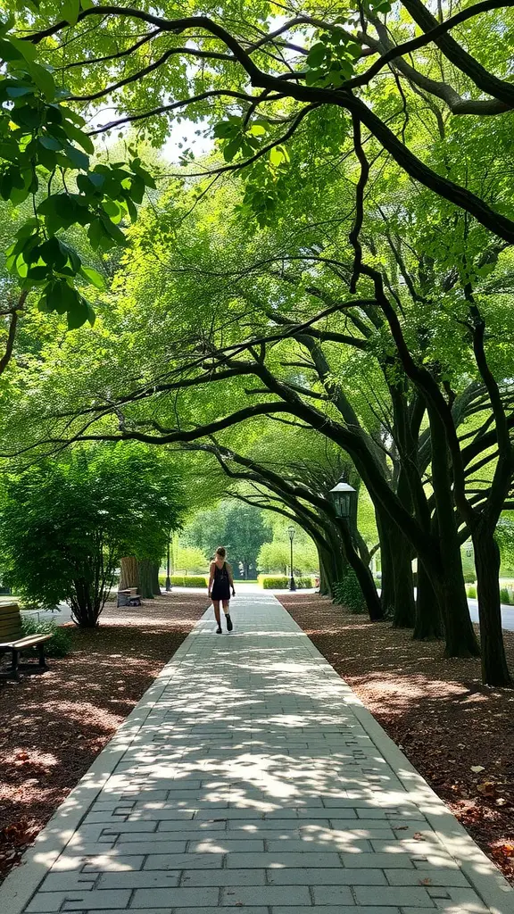 A flagstone pathway lined with trees and benches, creating a serene walking space.