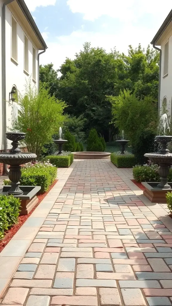 Flagstone pathway adorned with decorative fountains and lush greenery on both sides.