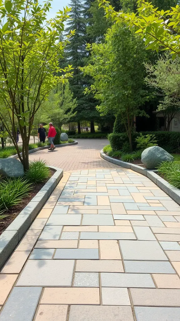 A flagstone pathway surrounded by trees and plants, with edging stones on the sides.