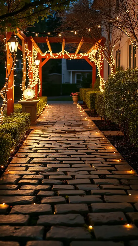 Flagstone pathway lined with fairy lights and lanterns, creating a cozy evening atmosphere.