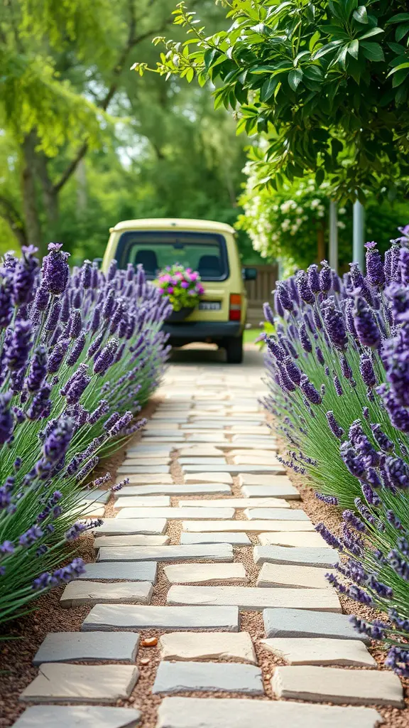 A flagstone walkway bordered by blooming lavender plants, leading to a car in the background.