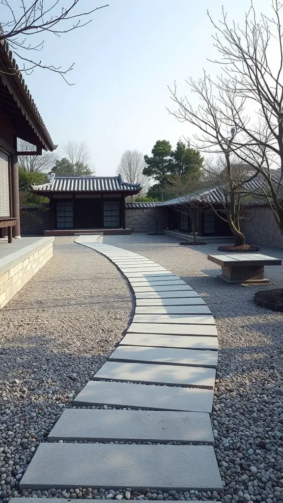 A flagstone walkway in a Zen garden, featuring a curving path made of gray stones surrounded by gravel and trees.