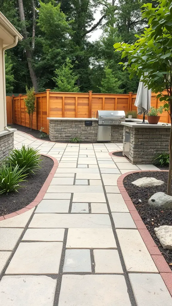 Flagstone walkway leading to an outdoor kitchen, surrounded by greenery and a wooden fence.