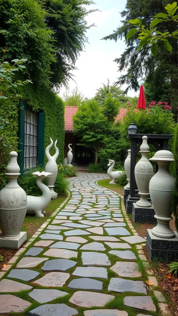 A winding flagstone walkway bordered by elegant sculptures and lush greenery.