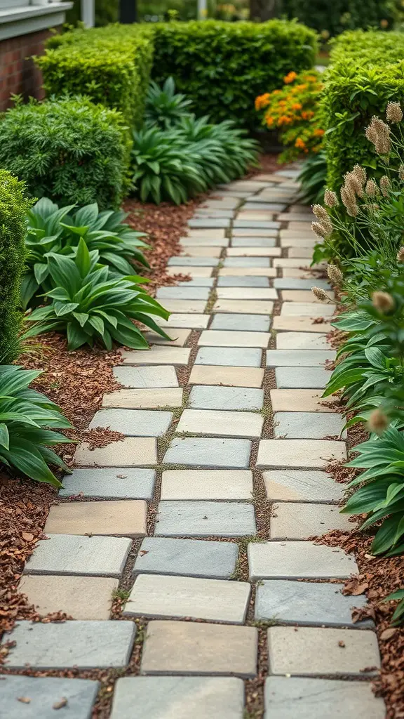 A flagstone walkway with lush green plants on both sides, creating a charming garden path.