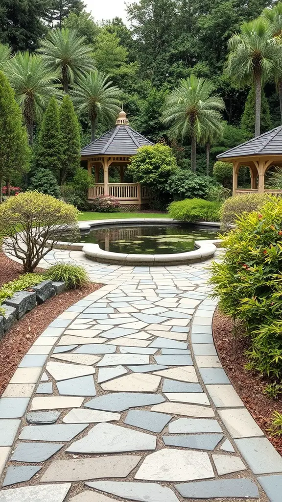 Flagstone walkway leading to a gazebo beside a calm water feature surrounded by greenery.