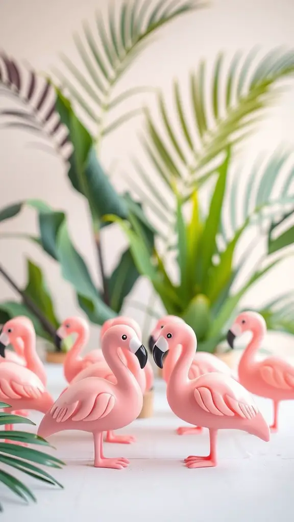 21 Creative Summer Baby Shower Ideas to Celebrate the Arrival of Baby 4 A playful display of pink flamingo figurines surrounded by tropical plants.
