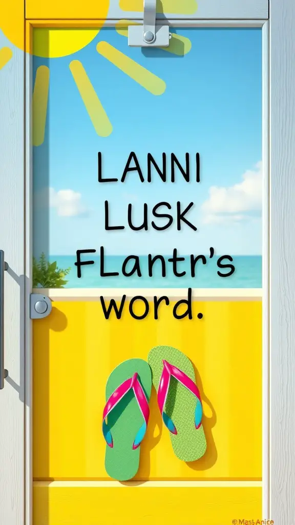21 Creative Summer Door Hanger Ideas You’ll Love 2 A bright yellow door hanger featuring colorful flip flops and sun rays, conveying summer vibes.