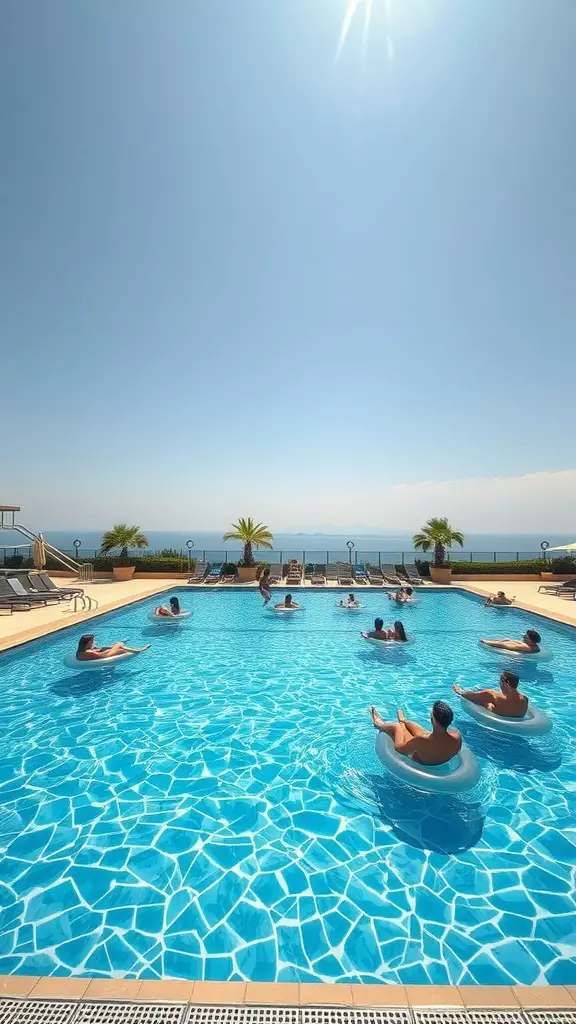 People relaxing on floating lounge chairs in a bright blue pool with a scenic view.