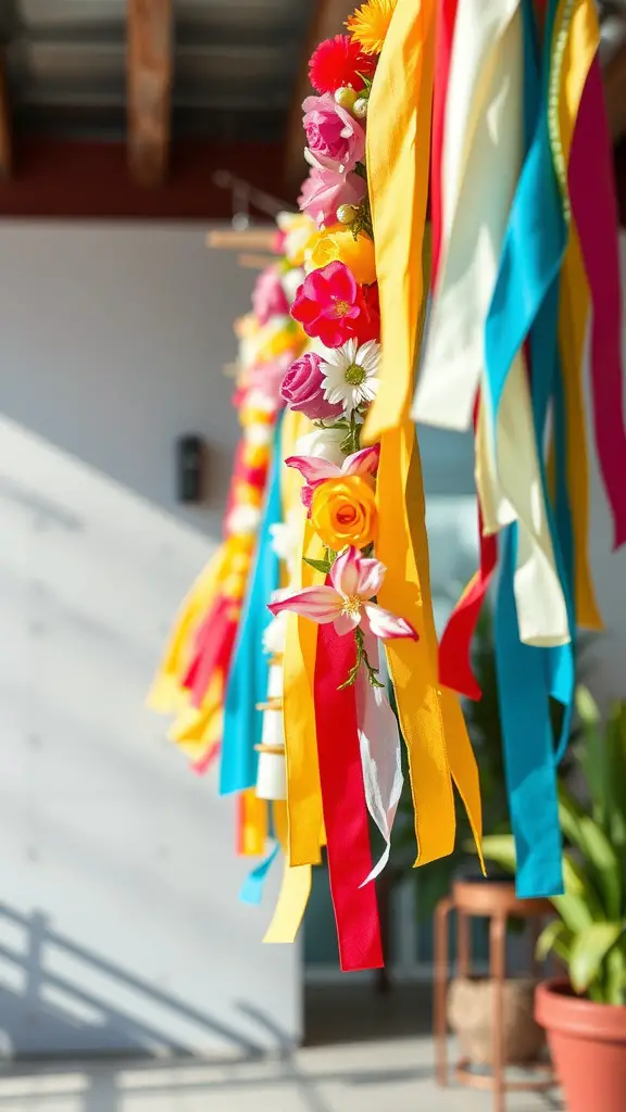 A colorful garland made of ribbons and flowers, perfect for Mother's Day decoration.