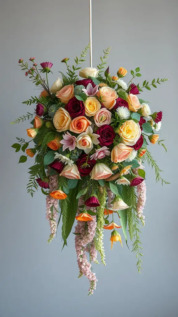 17 Stunning Summer Wedding Bouquet Ideas You’ll Love 16 A floral cascade bouquet featuring roses in peach, cream, and burgundy, with trailing flowers and greenery.
