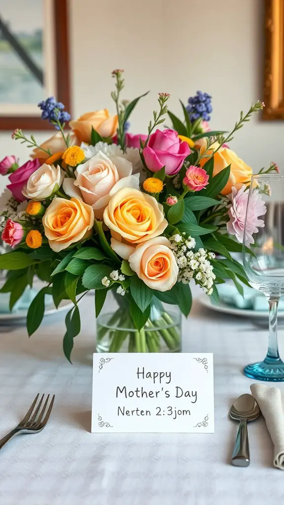 A floral centerpiece featuring colorful roses and a card that says 'Happy Mother's Day' on a nicely set dining table.