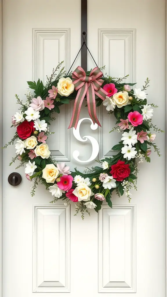 35 Stunning Summer Wreath Ideas for Your Front Door 17 A floral monogrammed wreath with a variety of colorful flowers and a central white letter 'S' hanging on a door.