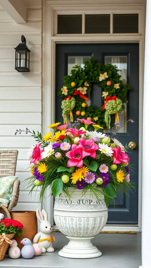 A vibrant floral centerpiece in a white urn on a front porch, surrounded by Easter decorations.