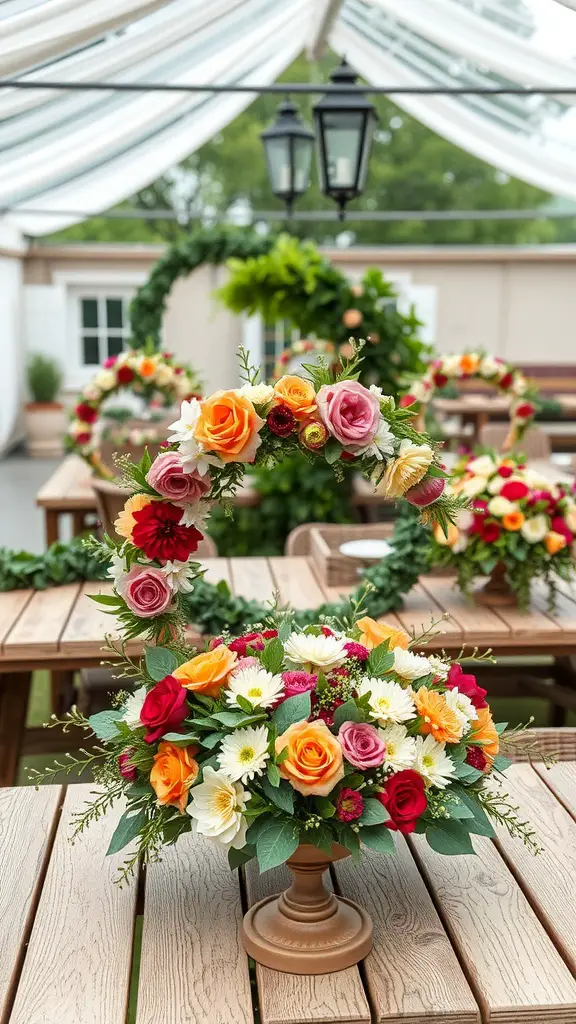 A garden tea party setup featuring floral wreaths and colorful flower arrangements on wooden tables.