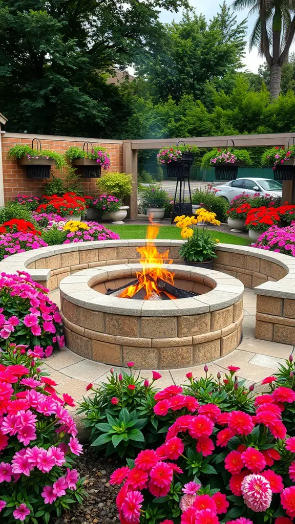 A cozy fire pit surrounded by colorful flowers and greenery in a garden setting.