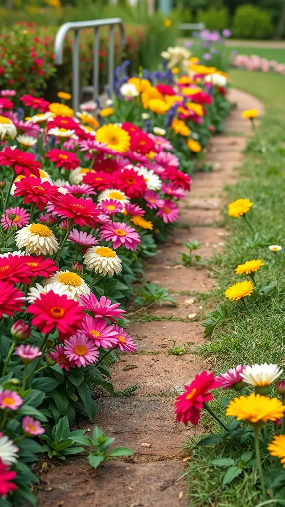 Colorful flower bed bordering a pathway