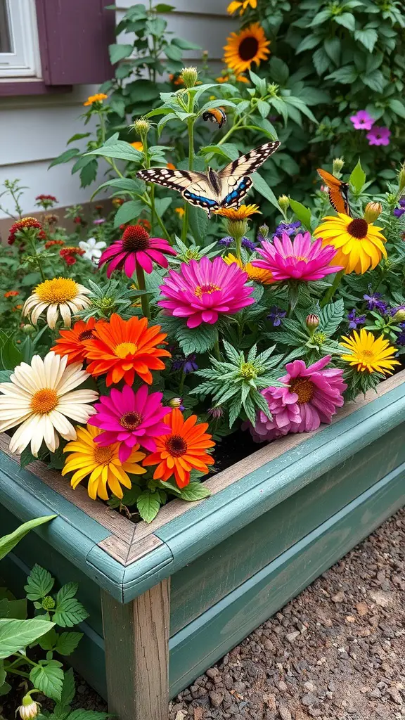 A colorful flower box filled with daisies, zinnias, and coneflowers, attracting butterflies in a garden setting.