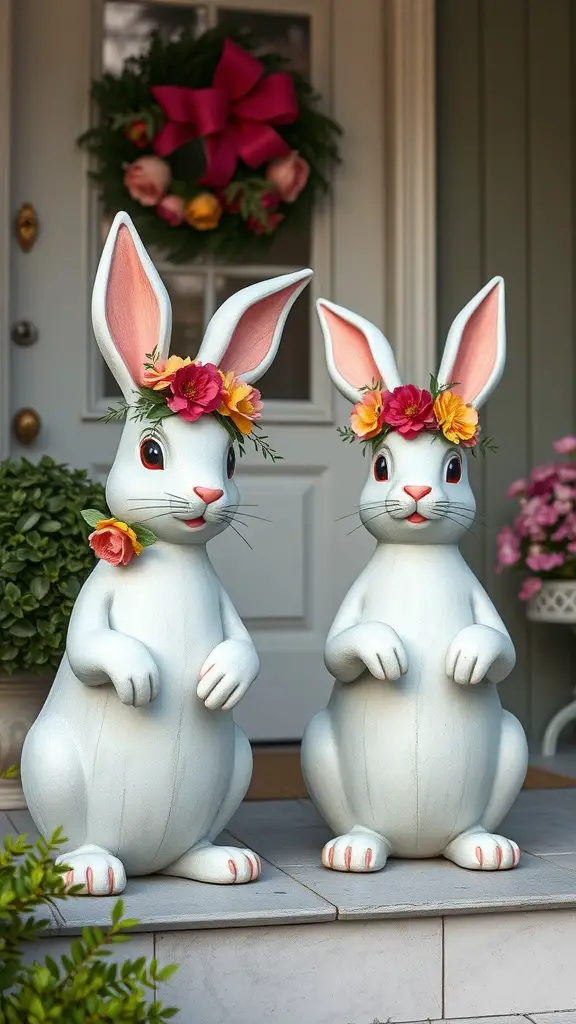 Two decorative bunnies with flower crowns on a porch, with a floral wreath in the background.