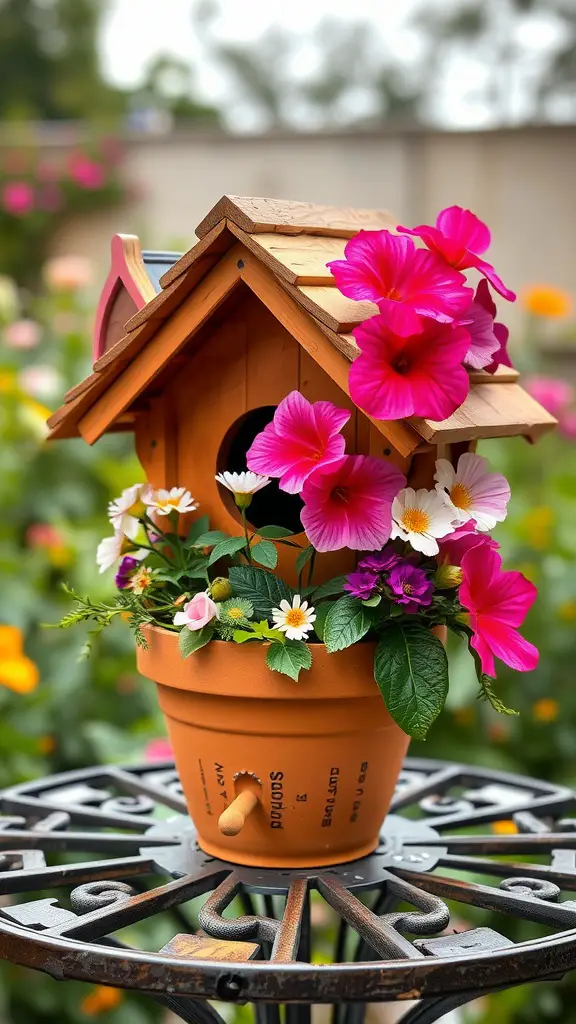 25 Creative DIY Birdhouse Design Ideas 11 A flower pot birdhouse adorned with pink and white flowers, set on a decorative table.