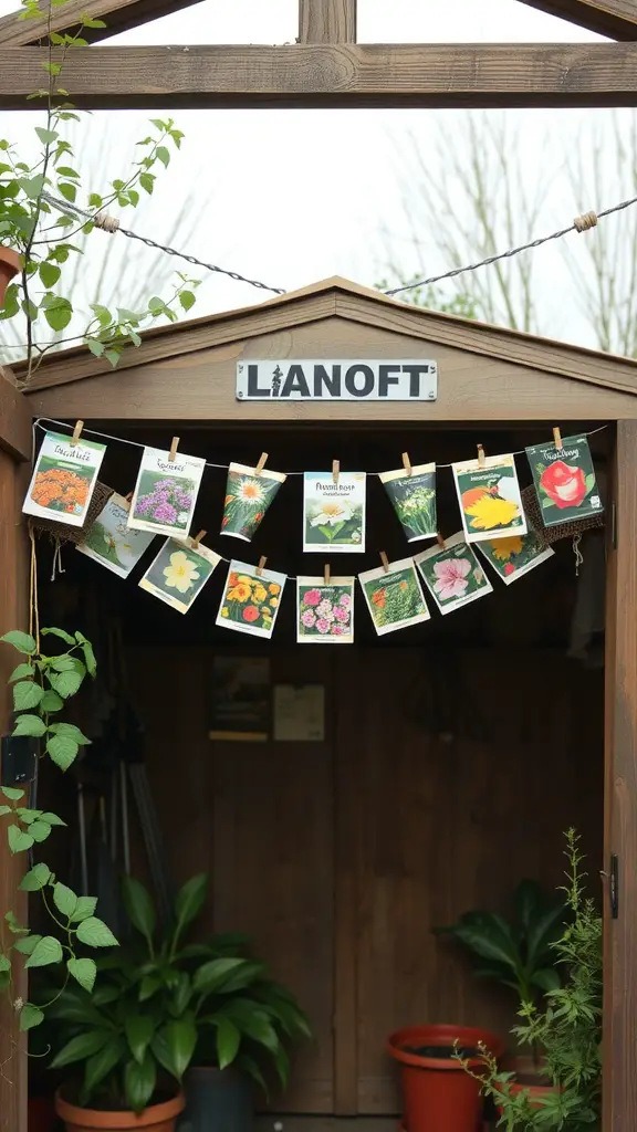 A garland made of flower seed packets hanging in a garden shed