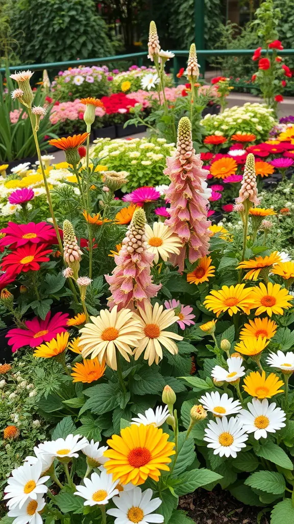 A vibrant garden filled with various colorful flowers, including daisies and other blooms.