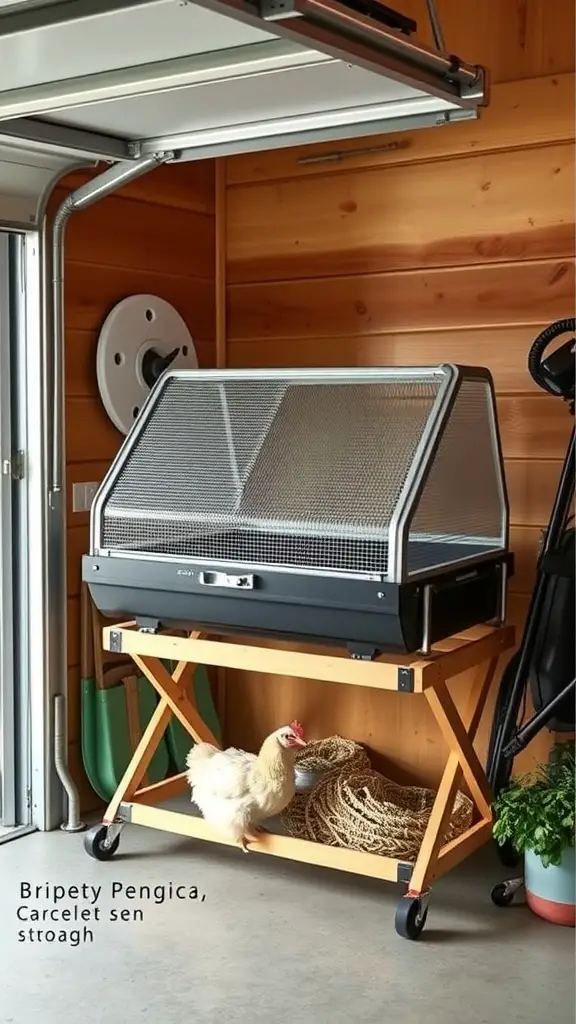 Foldable brooder box with wheels for easy storage in a garage setting