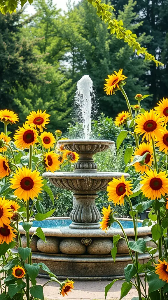 A charming fountain surrounded by bright sunflowers in a garden.