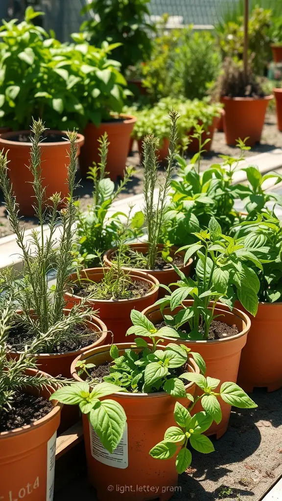 A collection of potted herbs including basil, mint, and rosemary in a sunny garden.