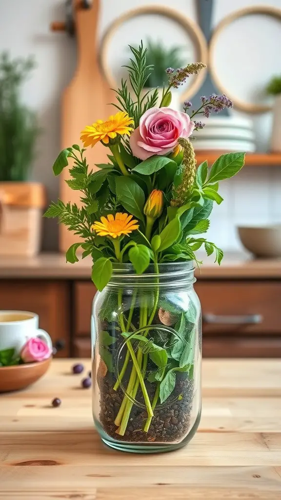 17 Stunning Summer Flower Arrangement Ideas 17 A mason jar filled with fresh herbs and flowers, including rosemary, basil, and colorful blooms, placed on a wooden table.