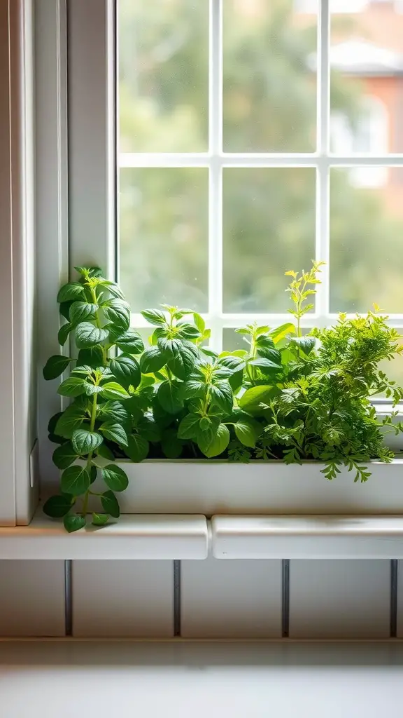 A vibrant herb garden on a kitchen windowsill, featuring various green herbs.