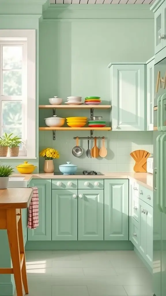 A bright kitchen painted in fresh mint green with open shelves and colorful dishes