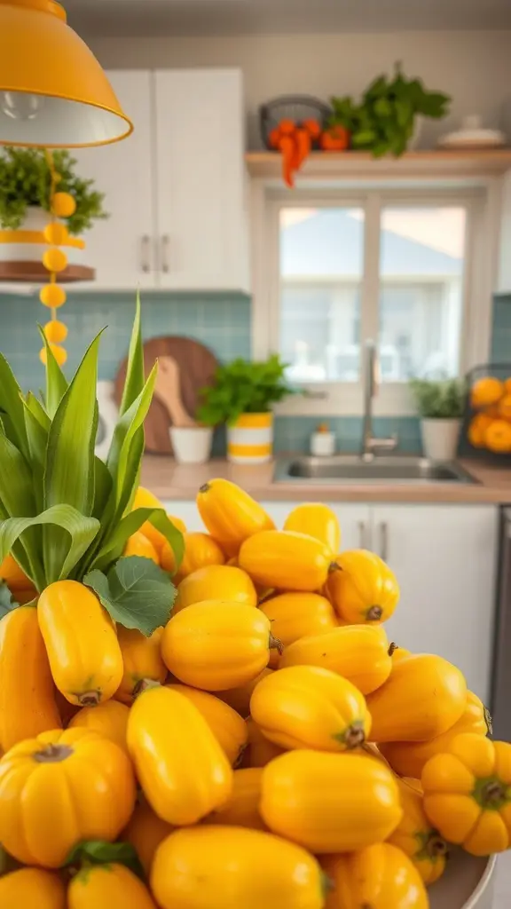 A kitchen with a vibrant display of yellow fruits, showcasing a cheerful and fresh atmosphere.